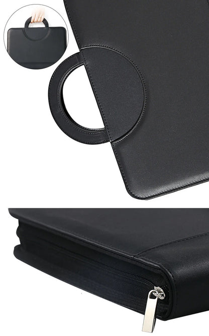 PU leather A4 zipper calculator binder conference file pad folder briefcase tablet portable circular handle file bag