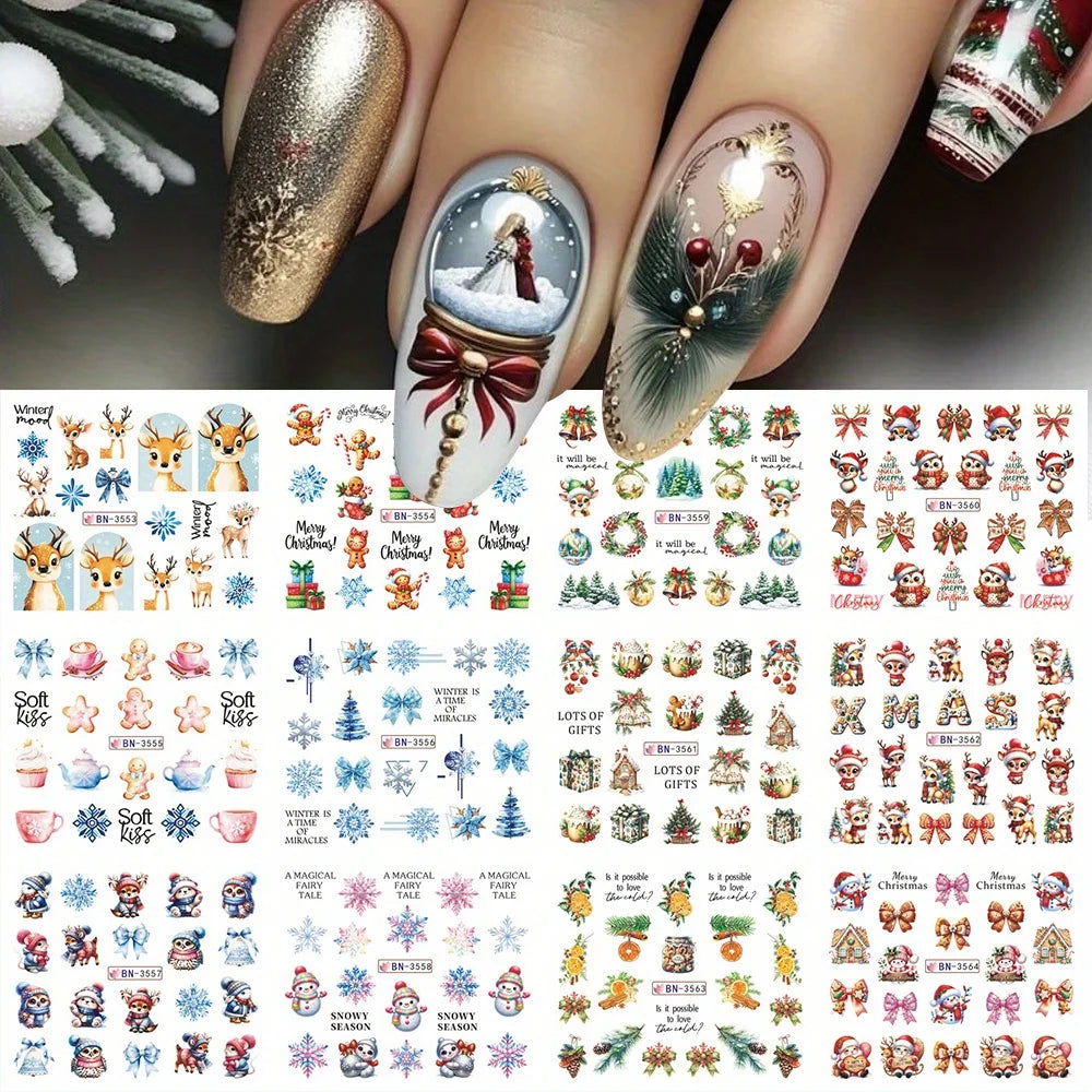 12 Designs Christmas Watermark Nail Stickers Gingerbread Man Deer Bow Snowflake Tree Santa Water Sliders Holiday Manicure Decor