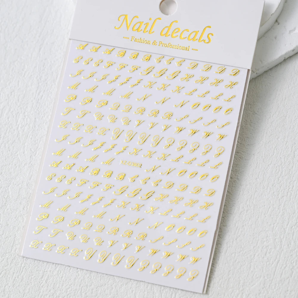 1Pc 3D Roman Letter Nail Stickers Gold/Silver/Black/Laser Alphabet Self Adhesive Decal Y2K English Words/Number Manicure Sliders