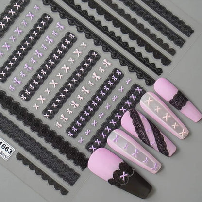 Japanese Bowknot Lace Heart Nail Stickers Self Adhesive Sweet Cool Pink Black Lace Nail Decals Cool Girls Manicure Decorations