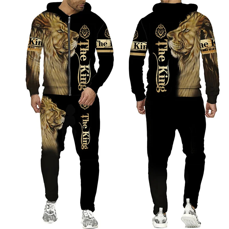 Spring and Autumn Men's Tracksuit 3D The Lion Print Zipper Hoodies Sweatshirts Pants Sets Casual Mens Clothing Women's Tracksuit