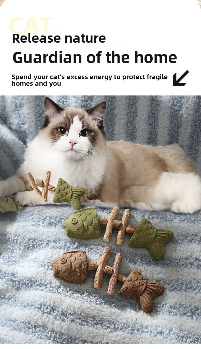 Cat Toy Fish Bone Shape Silvervine Stick Natural Wooden Chew Toy for Kitten Teething Interactive Play