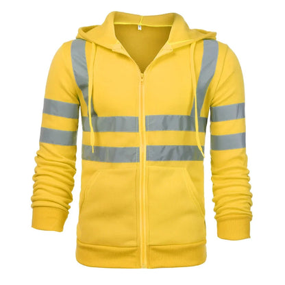 Men Reflective Strip Hoodies Casual Fit Work Safety Jackets Autumn Thin Fleece Hooded Zipper Sweatshirt Coats Workwear For Men