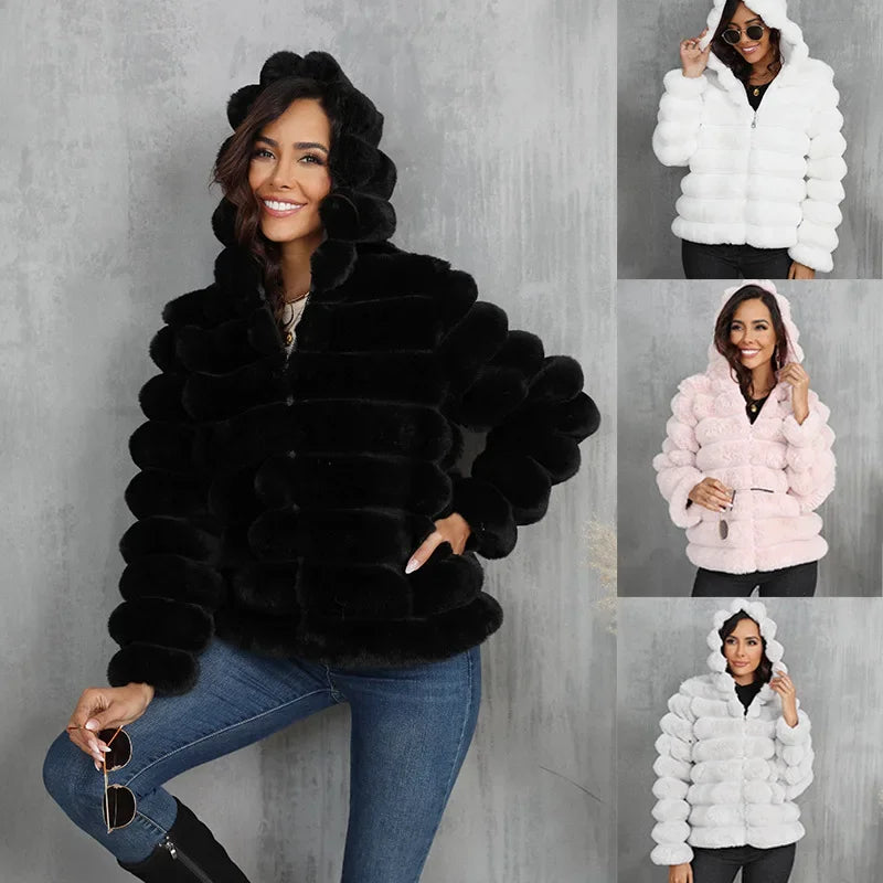 2026 Faux Fur Women Coats Hooded Full Sleeve Short Coat Zipper Thick Warm Solid Temperament Elegant Splice Autumn Winter