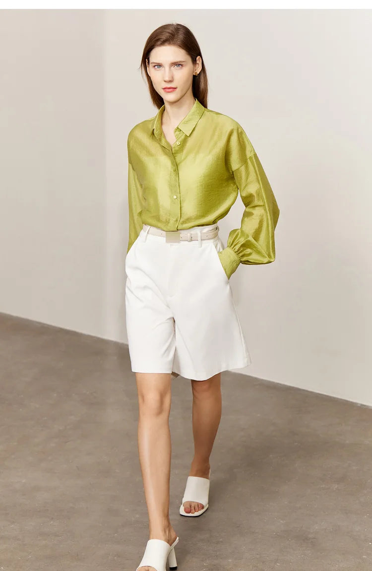 AMII Minimalist Blouse for Women 2023 Autumn Lantern Sleeve V-Neck Slightly Transparent Elegant Commuter Clothing Tops 72341030