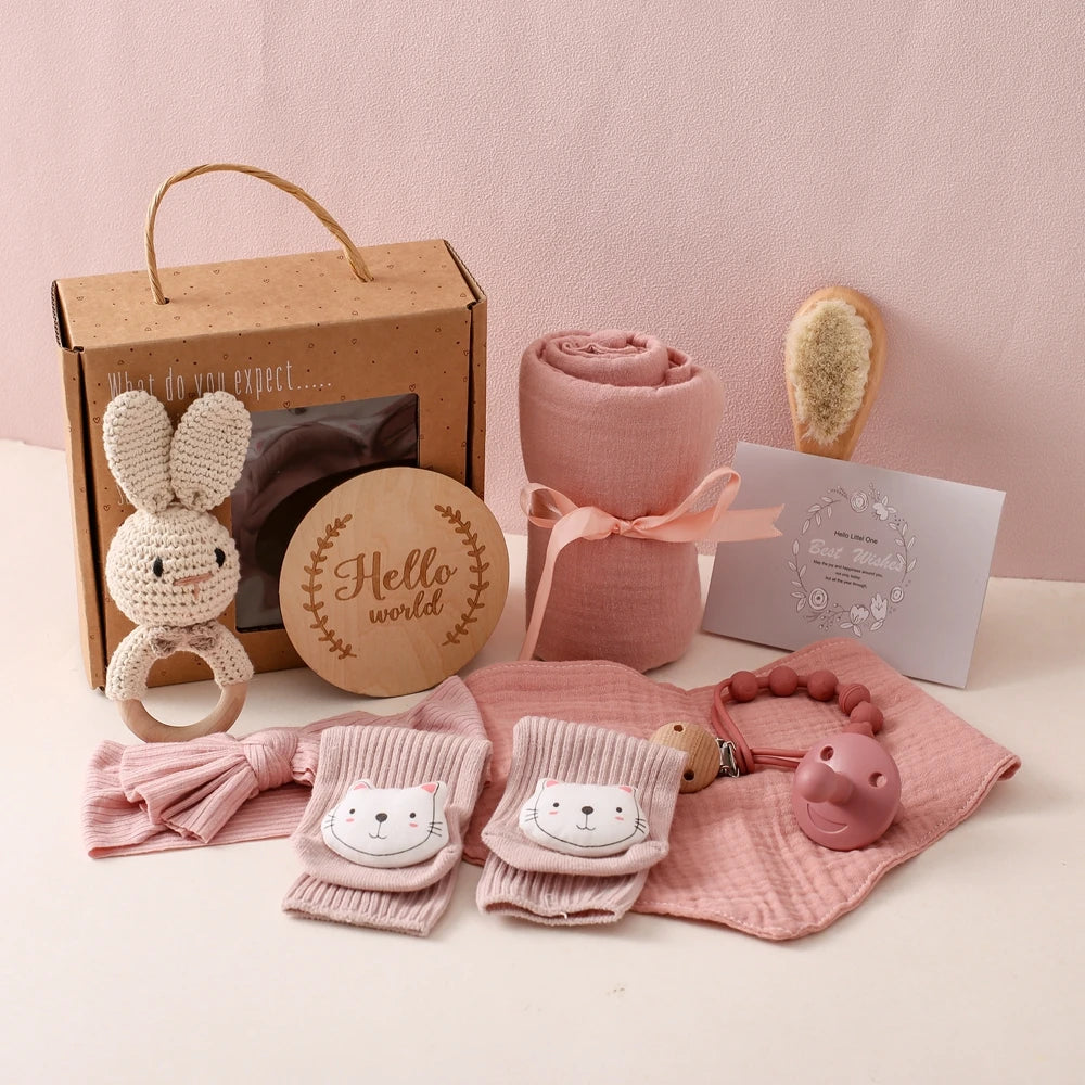 Newborn Bath Set Baby Towel Cotton Blanket Pacifier Chain Bracelet Crochet Rattle Toy Newborn Birth Bath Towel Gift Box