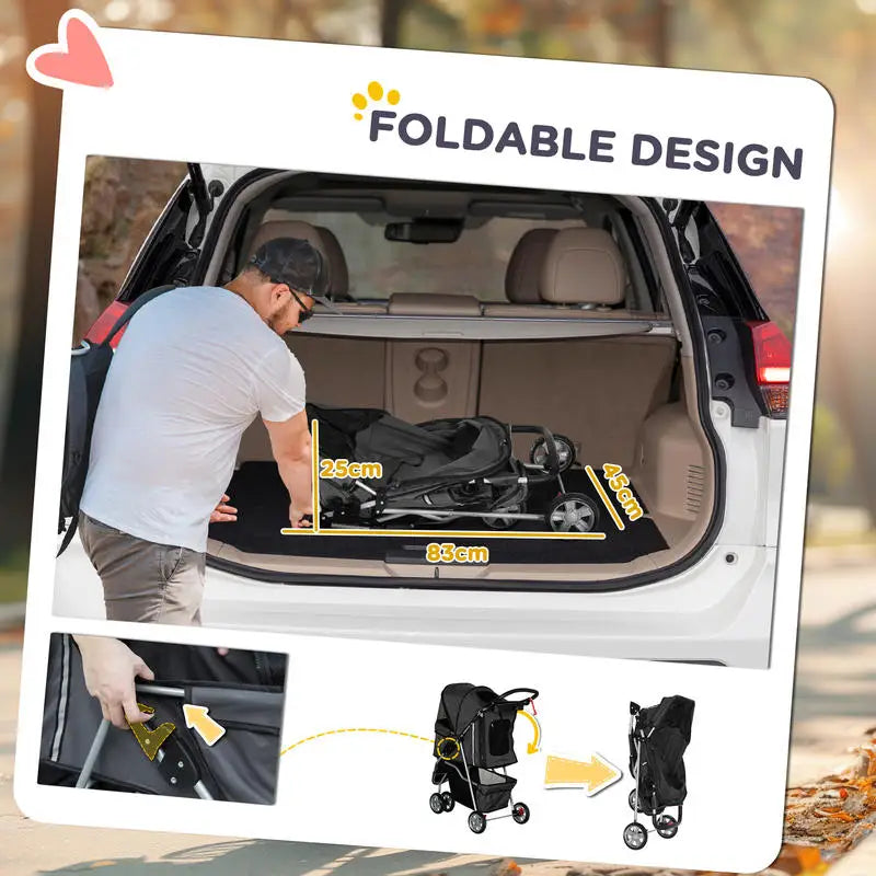 3 Wheel Pet Stroller for Small Dogs and Cats, Foldable Travel Pram with Breathable Mesh and Storage Bag, Sturdy Steel Frame for Walking, Charcoal Grey, 75x45x97 cm, Sturdy, Lightweight, Comfortable, Safe, Space Saving