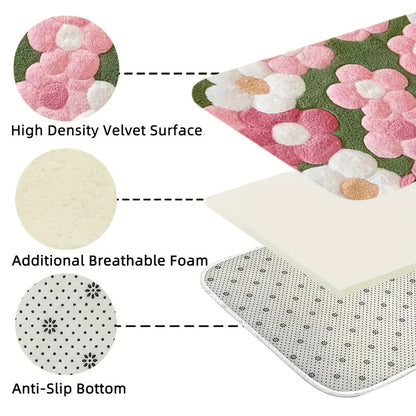 Vibrant Floral Bath Mat – Ultra-Soft, Quick-Dry & Non-Slip Rug for Bathroom, Kitchen & Entryway, Ideal Housewarming Gift