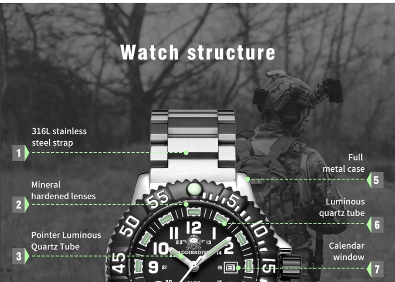 Addies Dive Men Fashion Casual Watch Calendar Display 50m Waterproof Tube Luminous Watch Black Dial Rotating Bezel Quartz Watch