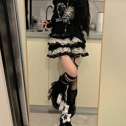 Y2K Punk Gothic Lace Tiered Skirt Women High Waist Ruffle Mini Skirt Harajuku Streetwear Alternative Fashion Short Skirt