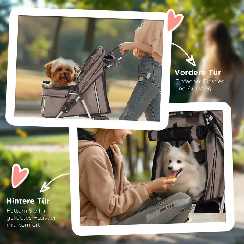 Coffee Foldable Dog and Cat Stroller Buggy, Suitable for Small Pets Weighing up to 10kg, Pet Travel Carrier Stroller with Comfort Cushion, Breathable Mesh Windows, Cup Holder and Extra Storage Bag for Daily Outdoor Use