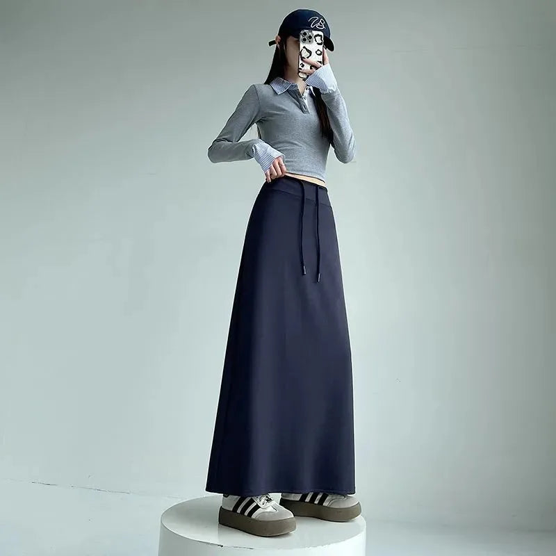 Women Spring Autumn Sports Maxi Skirt High Waist Drawstring A Line Straight Split Draped Casual Sweat Long Skirt