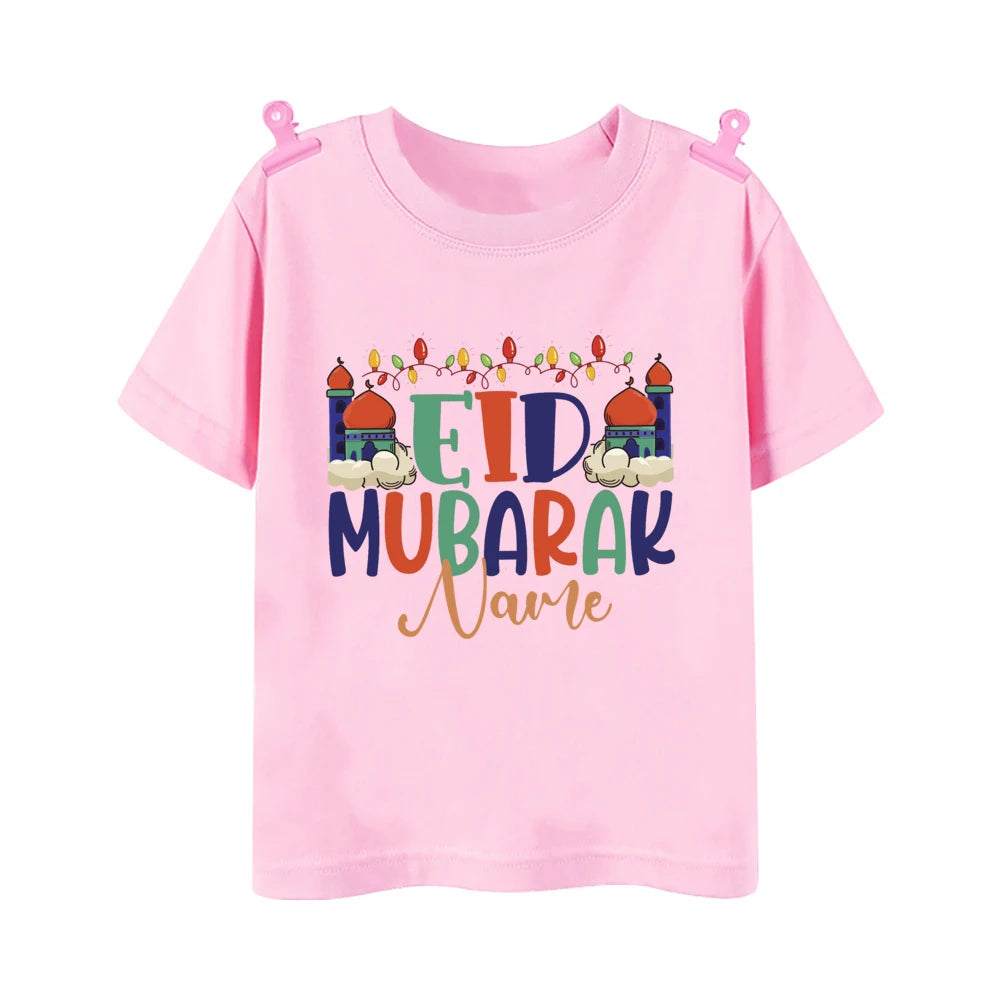 Personalized Eid Mubarak Printed Kids Shirts Custom Name Eid Ramadan Child T-shirt Tops Islamic Muslim Holiday Boys Girls Outfit
