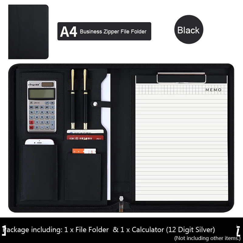 Executive Business A4 Leather Portfolio Folder Clipboard for Zippered Desk Organizer Document Briefcase Calculator for Office