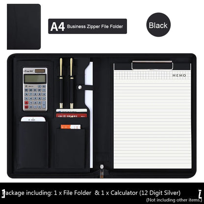 Executive Business A4 Leather Portfolio Folder Clipboard for Zippered Desk Organizer Document Briefcase Calculator for Office