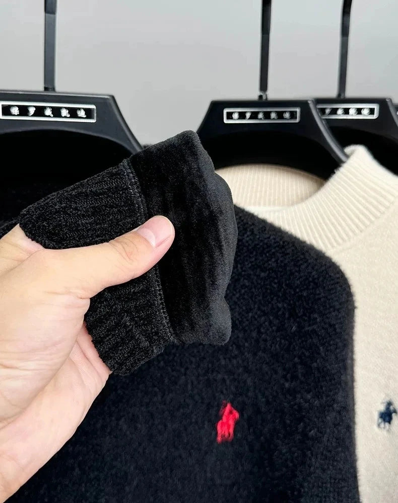 High end brand velvet sweater men's new designer fashion exquisite pony embroidery winter thick warm round neck knitted pullover