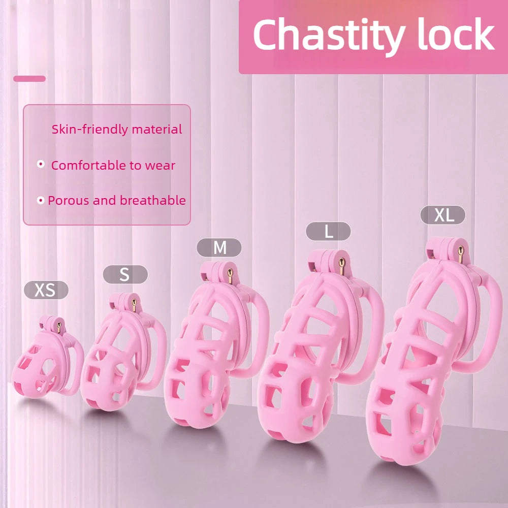 2026 New Chastity Lock Cage SM Flirting Breathable Resin Male Virginity Device Fetish Male Penis Lock with 4 Rings
