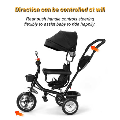 Baby scalable Tricycle 1 to 5 years, bike for elderly plus children, reversible seat, large basket and bag, larger wheels, with thrust handle, green/pink/black/red/blue/gray