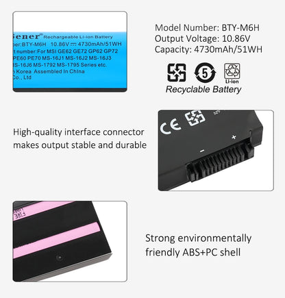 KingSener BTY-M6H Battery For MSI GE62 GE72 GP62 GP72 GL62 GL72 GP62VR GP72VR PE60 PE70 MS-16J2 MS-16J3 MS-16J9 MS-1792 MS-1795