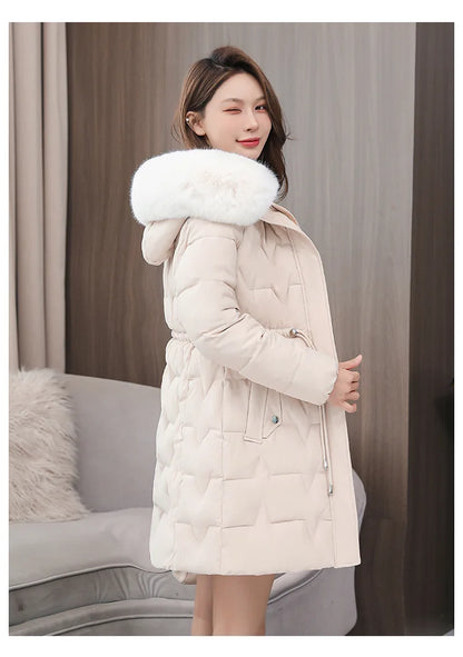 Hooded Women Parkas Coats Mid LenthJackets  Oversize Solid Fur Collar Zipper Drawstring Waist Loose Casual 2025 Autumn Winter