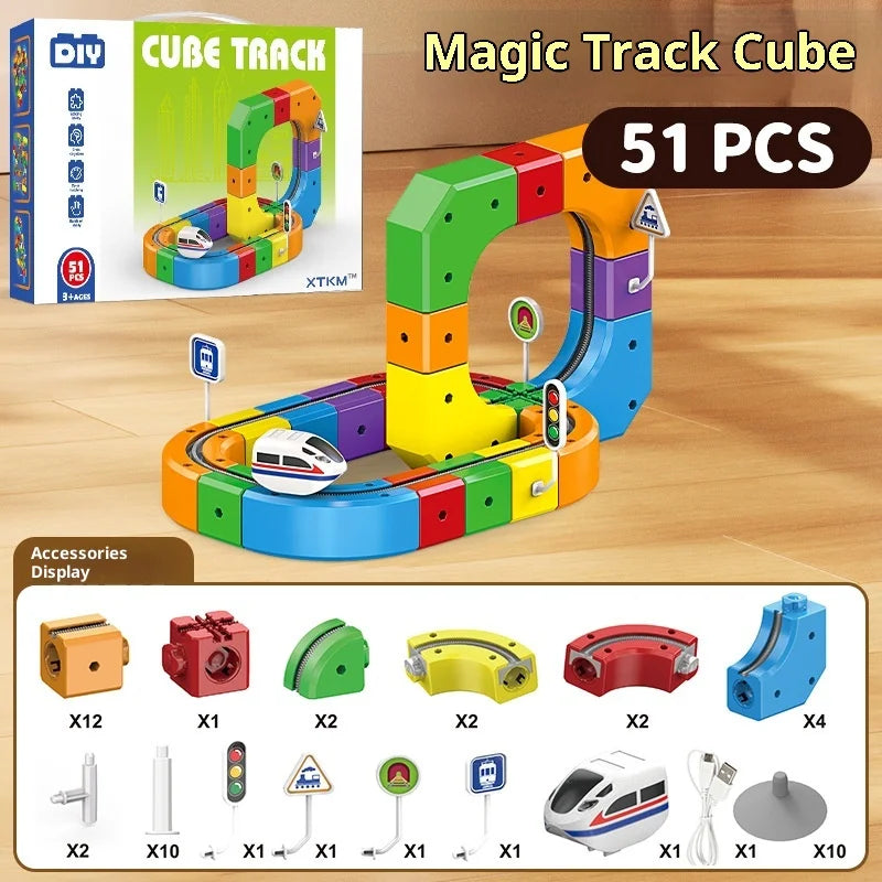 Electric Magnetic Track Set STEM Building Toy with Anti-Gravity Vehicles 100+ Pieces DIY Railway Model Creative Gift for Kids