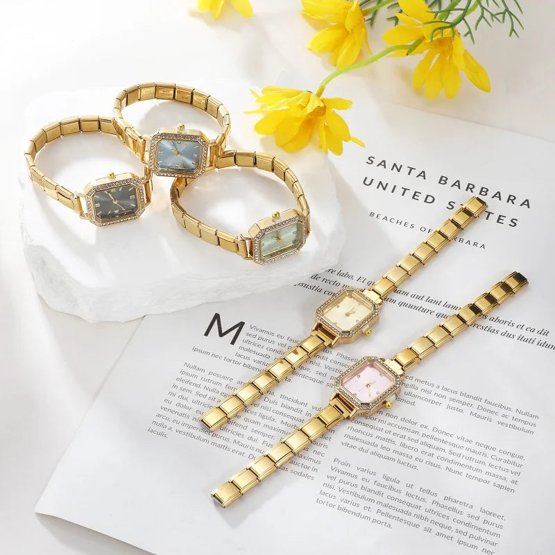 Fashion High Quality Men Women's Stainless Steel Square Round Shiny Zircon Watch Bracelet For Friend Birthday DIY Jewelry Gift