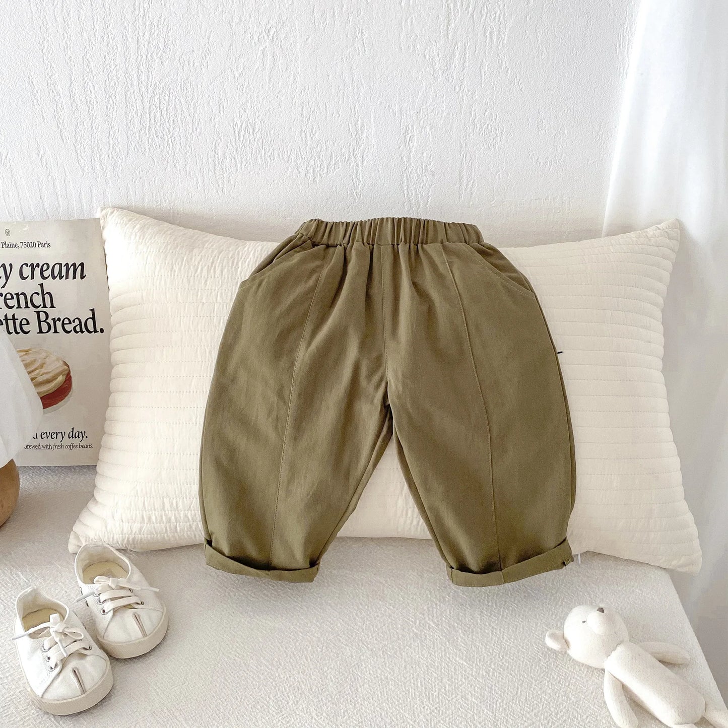 Toddler Girl Cotton Pleated Harem Pants 1-6Y Kids Boys Solid Color Casual Roll Up Trousers Comfy Elastic Waist Kids Bottoms