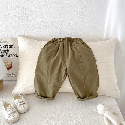 Toddler Girl Cotton Pleated Harem Pants 1-6Y Kids Boys Solid Color Casual Roll Up Trousers Comfy Elastic Waist Kids Bottoms