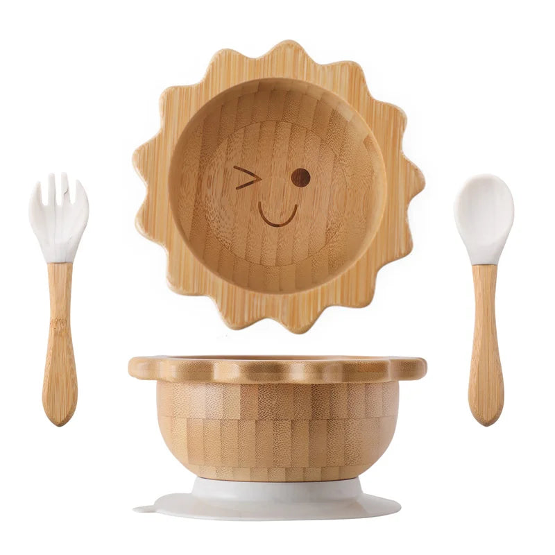 Baby Wooden Tableware Set Wooden Handle Fork Spoon Could Bamboo Wooden Plate Bowl Silicone Suction for Children Feeding Supplies