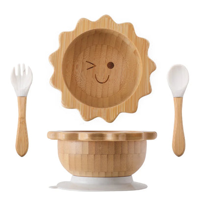 Baby Wooden Tableware Set Wooden Handle Fork Spoon Could Bamboo Wooden Plate Bowl Silicone Suction for Children Feeding Supplies