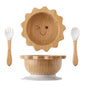 Baby Wooden Tableware Set Wooden Handle Fork Spoon Could Bamboo Wooden Plate Bowl Silicone Suction for Children Feeding Supplies