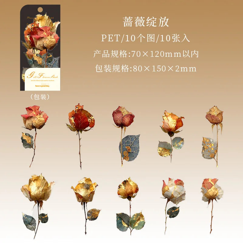 10pcs/1lot Kawaii Scrapbook Sticker Golden Flower Shadow Scrapbooking Supplies Planner Decorative Stationery Sticker