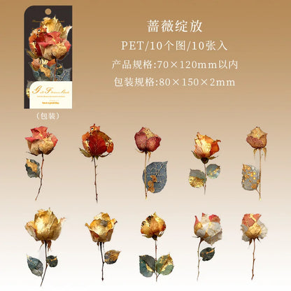 10pcs/1lot Kawaii Scrapbook Sticker Golden Flower Shadow Scrapbooking Supplies Planner Decorative Stationery Sticker