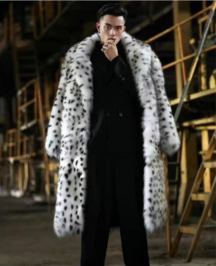 Leopard Men Winter Thick Hooded Faux Fox Fur Coat Jacket Long Sleeve Warm Luxury Fur Black Parkas Bontjas Furry Shaggy Outerwear