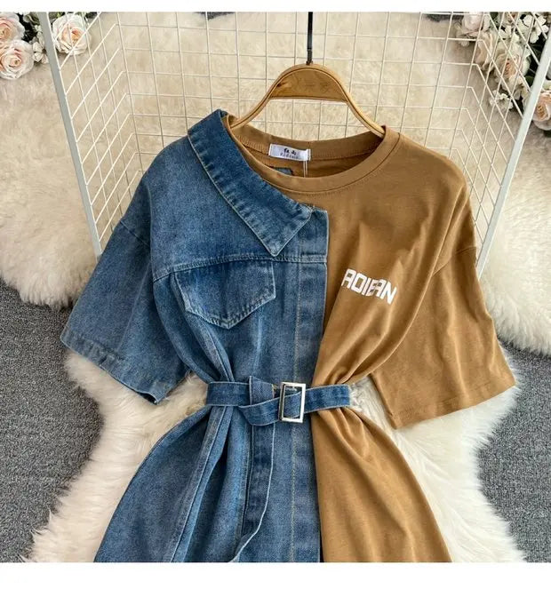 Retro Hong Kong Sle Chic Casual Mid-Length round Ne Patchwork Color Denim irt with Belt Spring New Women's Faion Top