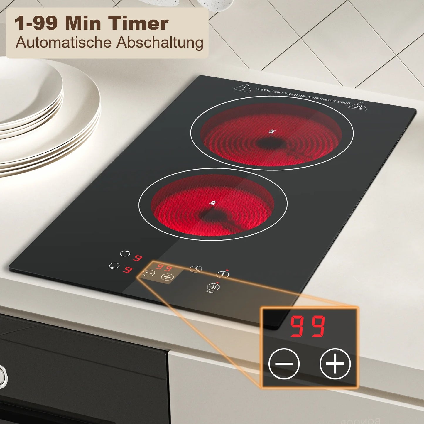 KICHPOWER 2 Plate with Plug Touch Control Glass Ceramic Hob