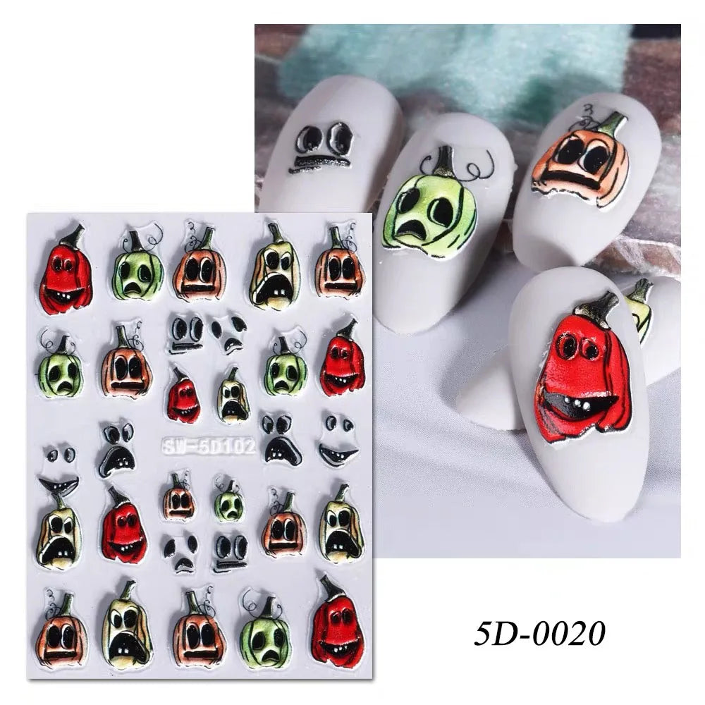 1sheet 5D Halloween Nail Stickers Pink/Green/Black Cartoon Pattern Nail Art Slider DIY For Sweet Cool Girl Cute Nail Decoration