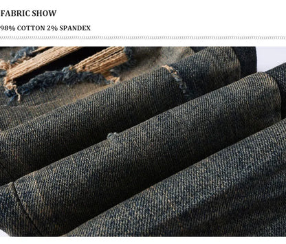 Y2k New Men's Jeans Washed Nostalgic Perforated Black Leather Patch Deep Blue Jeans High Street Designer Hip-Hop Brand High-Qual