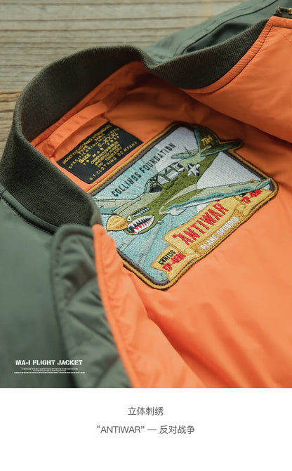 Maden Vintage MA1 Pilot Jacket Green Thickened Cotton-padded Jacket Casual Baseball Pockets Flight Zipper Outwear for Men's Fall