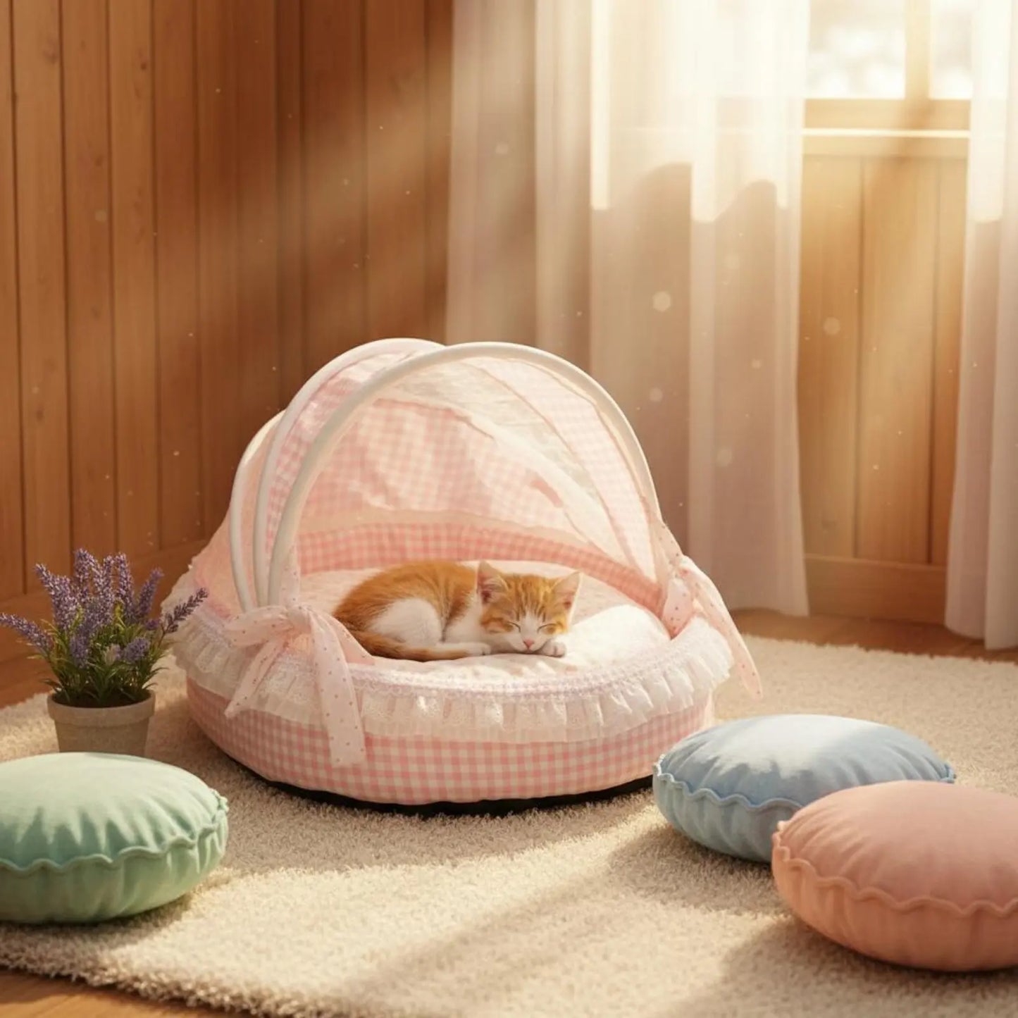 Princess Design Feline Bed Breathable Semi Enclosed Pet Bed Cradle Pet Nest Soft Lace Trim for Cats