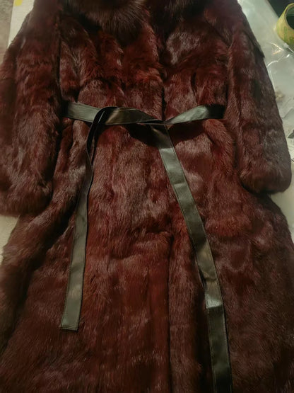 Real Rex Rabbit Fur Coat Women Autumn Winter Long Jacket Thick Warm New Fashion Fox Fur Collar Elegant Female Warm Outerwear