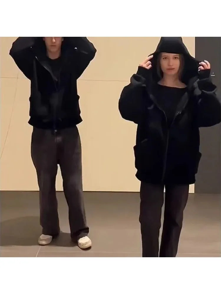 Unisex Plain Hooded Zip Up Sweatshirt Autumn Winter Ins Style Couple Matching Pullover Jacket