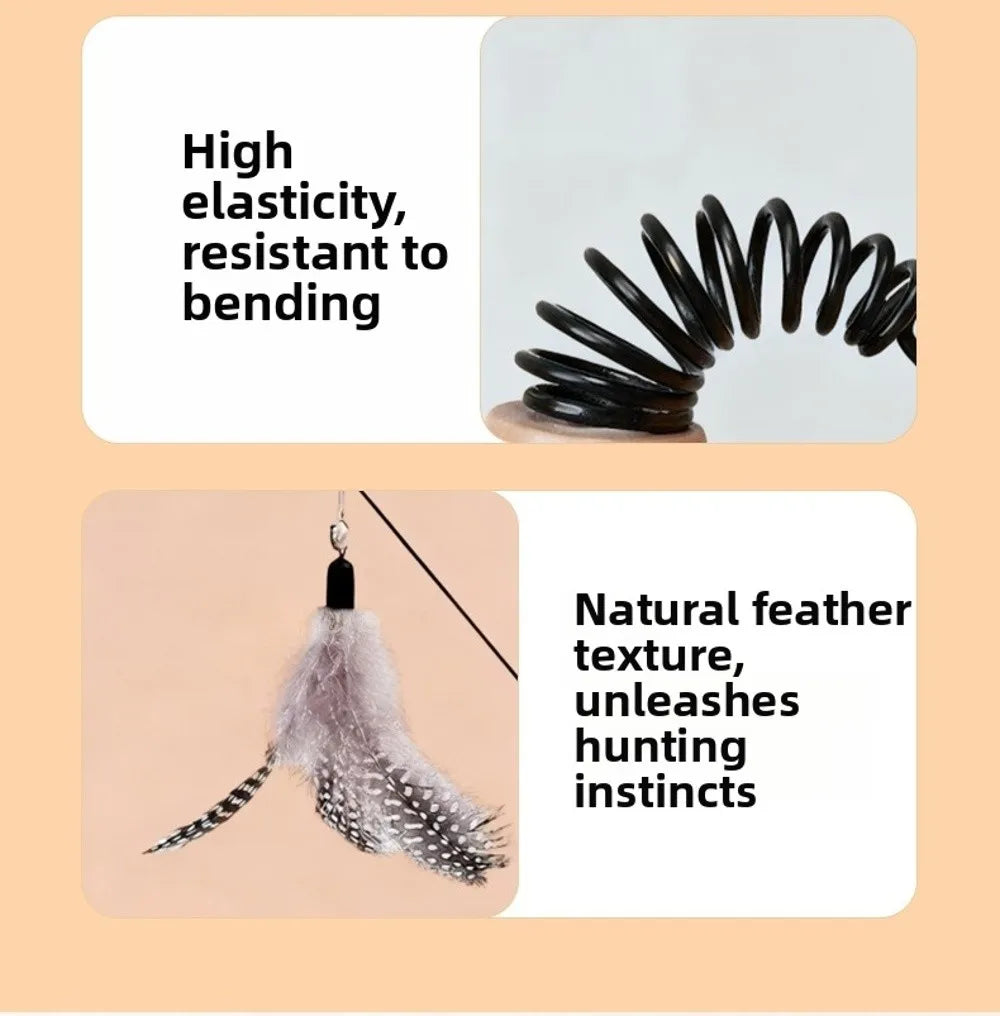 Wooden Handle Spring Teasing Cat Stick Feather Simulation Fishing Rod Cat Teaser Stick Interactive Replaceable Bell Squeaky Cat