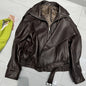 New Outerwear Leather Jacket Women American Retro Top Sheepskin Bubble Leather Double Lapel Loose Profile Coffee Locomotive Coat