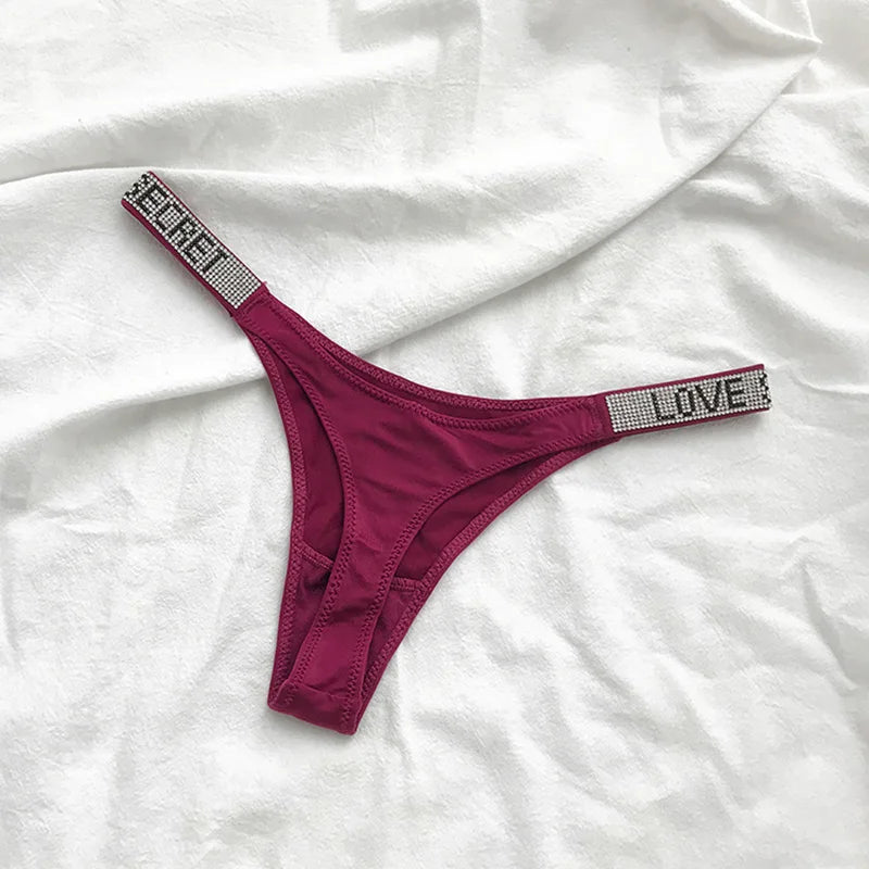 Low Waist Sexy Women Thongs Panties Rhinestones letter Diamonds G String Sports Thong Shorts Briefs T-back Fitness Size S-XL