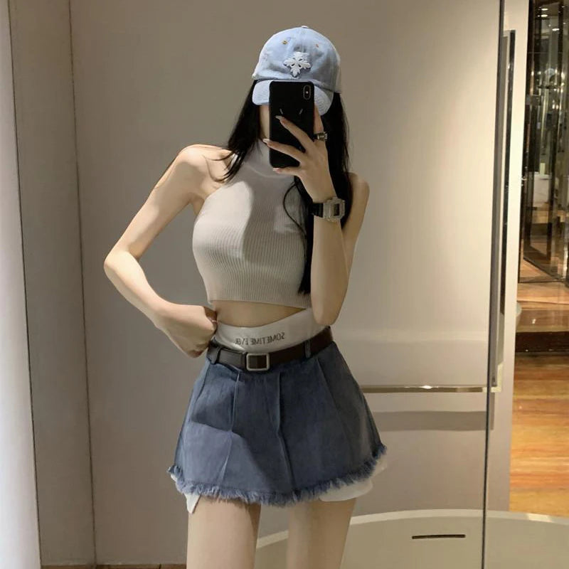 Gidyq Women High Waist Denim Skirts Summer Korean Fashion Patchwork Mini Skirts Streetwear Female Casual Tassels Jeans Skirts