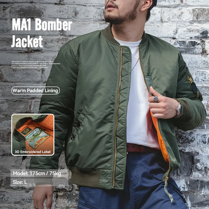 Maden Vintage MA1 Pilot Jacket Green Thickened Cotton-padded Jacket Casual Baseball Pockets Flight Zipper Outwear for Men's Fall