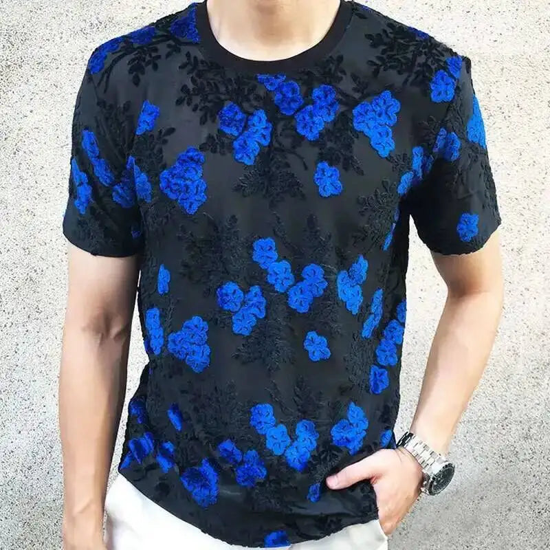 Sexy Round Neck T Shirt Soft Velvet Slim Men Clothing Nightclub Short-sleeved Top Quality Transparent Floral T Shirt See Through