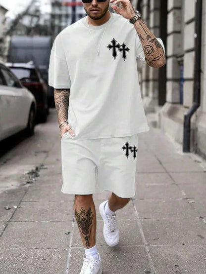 New Men's Cross Print T-Shirt and Shorts Set Stylish Streetwear Short-Sleeve Top and Shorts Combination Holiday Men's Apparel