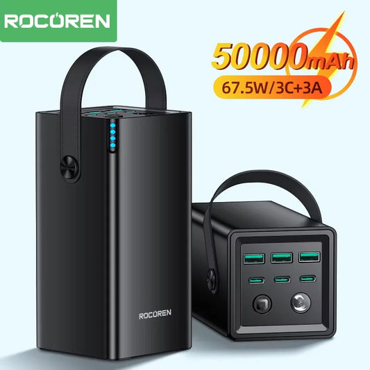 Rocoren 50000mAh Power Bank 22.5W Fast Charging USB Type C Powerbank With Flashlight Camping External Battery For iPhone 16 15